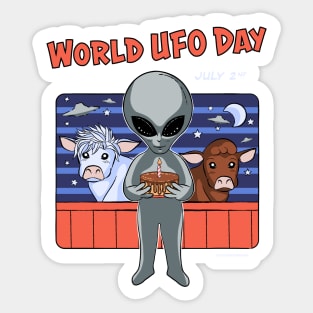 World UFO Day cute alien with cake and cows orange Sticker